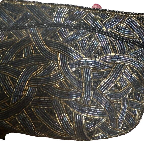 Beaded Clutch Black Blue Gold Hand Beaded Throughout Handbag Purse Evening Party - Picture 9 of 9